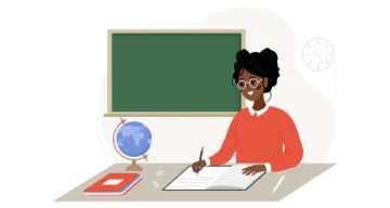 a woman sitting at a desk in front of a blackboard