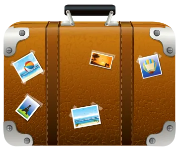 a brown suitcase with pictures on it