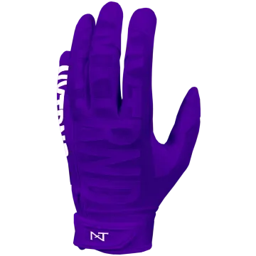 a pair of purple gloves with white letters on it