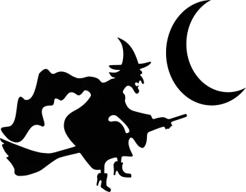 a black and white silhouette of a witch flying over the moon
