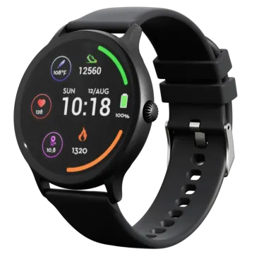 a black smart watch with a colorful display