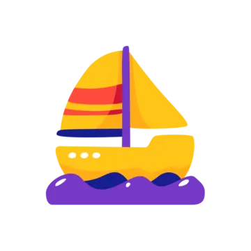 a yellow sail boat with blue and red sails