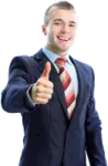 a man in a suit giving a thumbs