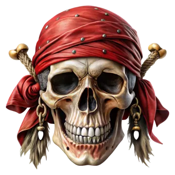 a skull wearing a red banda and a pirate hat