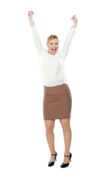 a woman in a white shirt and brown skirt