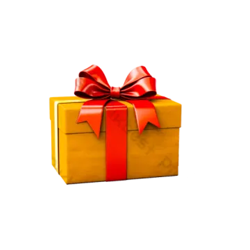 a yellow gift box with a red bow