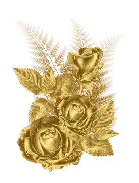 a bouquet of gold roses and fern leaves