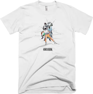 a white t - shirt with an image of a man in ski gear