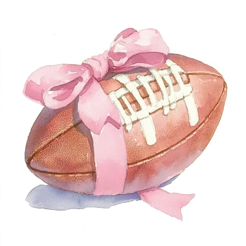 a watercolor painting of a football with a pink bow