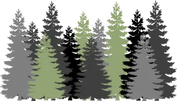 a group of trees with black and green leaves