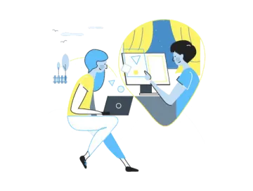an illustration of two people working on laptops