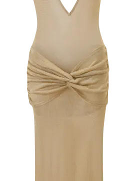 a beige dress with a large bow on the front