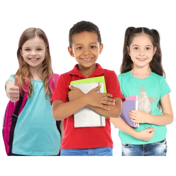 a group of three young children holding books
