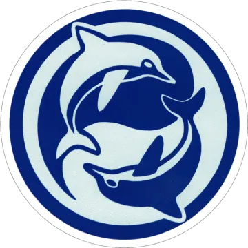 a blue and white circular with a dolphin in the center