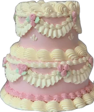 a three tier cake with pink and white frosting