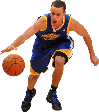 a man in a blue and yellow uniform holding a basketball
