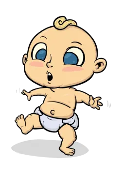 a cartoon baby with blue eyes and a white diat