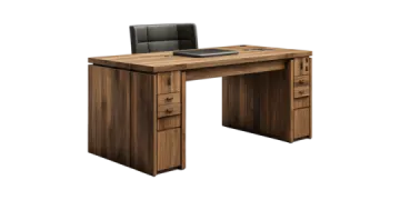 a wooden desk with a computer on top