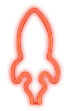 a red neon sign with the shape of a rocket