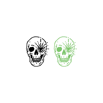 two skulls in green and black on a white background