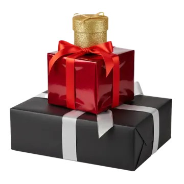 a black gift box with a red bow and silver ribbon