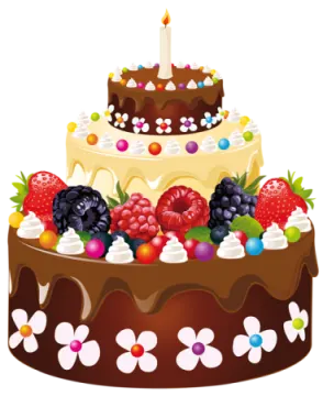 a birthday cake with chocolate and fruit on top