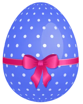 a blue easter egg with a red bow