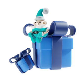 a christmas elf sitting in a blue gift box