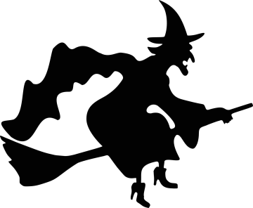 a black and white silhouette of a witch flying