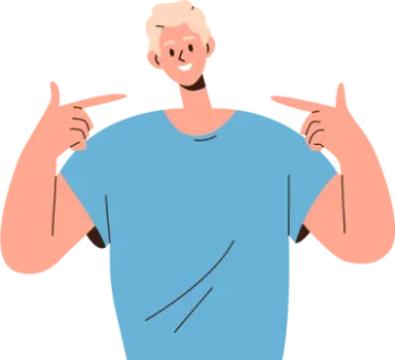 a man in a blue shirt pointing his finger up
