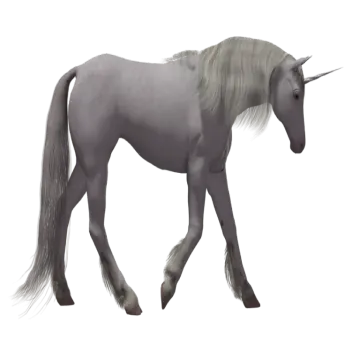 a gray unicorn with long hair walking across the ground