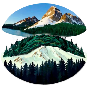 a painting of mountains, trees and water