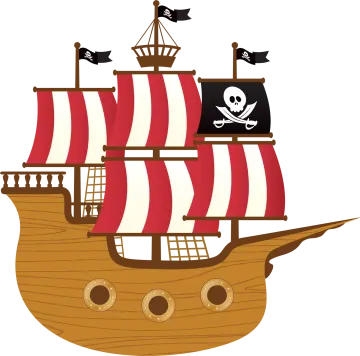 a pirate ship with red and white sails