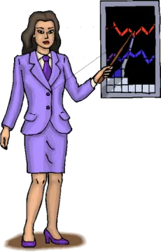 a woman in a business suit pointing at a screen