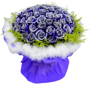 a bouquet of blue roses and white feathers