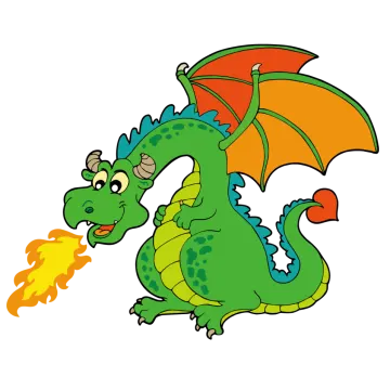 a green dragon with orange wings and an orange tail