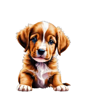 a brown and white puppy dog with blue eyes