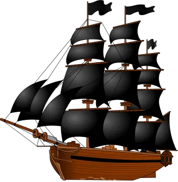a pirate ship with black sails