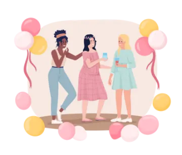 a group of women standing in front of balloons