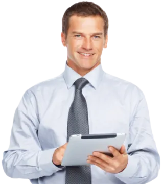 a man in a blue shirt and tie holding a tablet