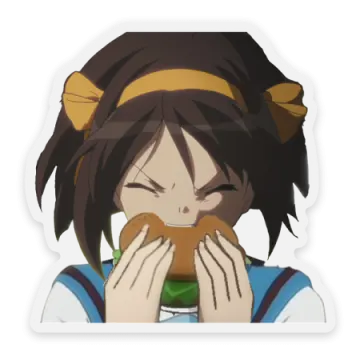 an anime girl eating a hamburger