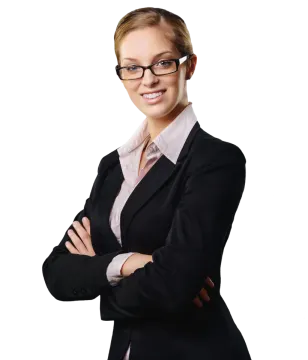 a woman in a business suit and glasses