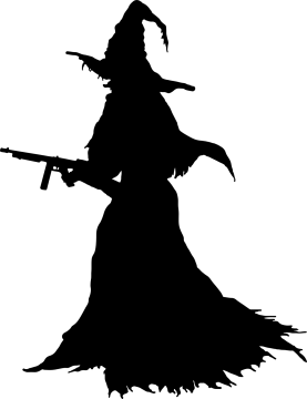 a silhouette of a witch holding a gun