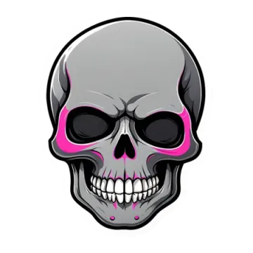 a skull with pink eyes on a white background