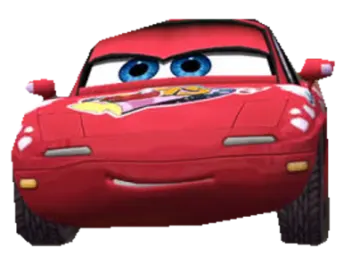 a red car with blue eyes and a white background