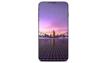 a samsung phone with the city skyline in the background