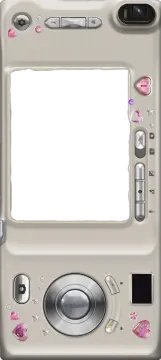 a white camera with pink flowers and hearts on it