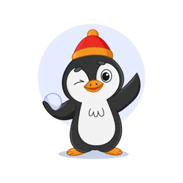 a cartoon penguin wearing a red hat and waving