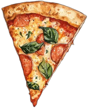 a slice of pizza with basil leaves on it