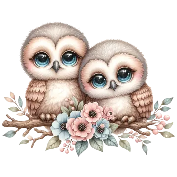 two cute owls sitting on a branch with flowers